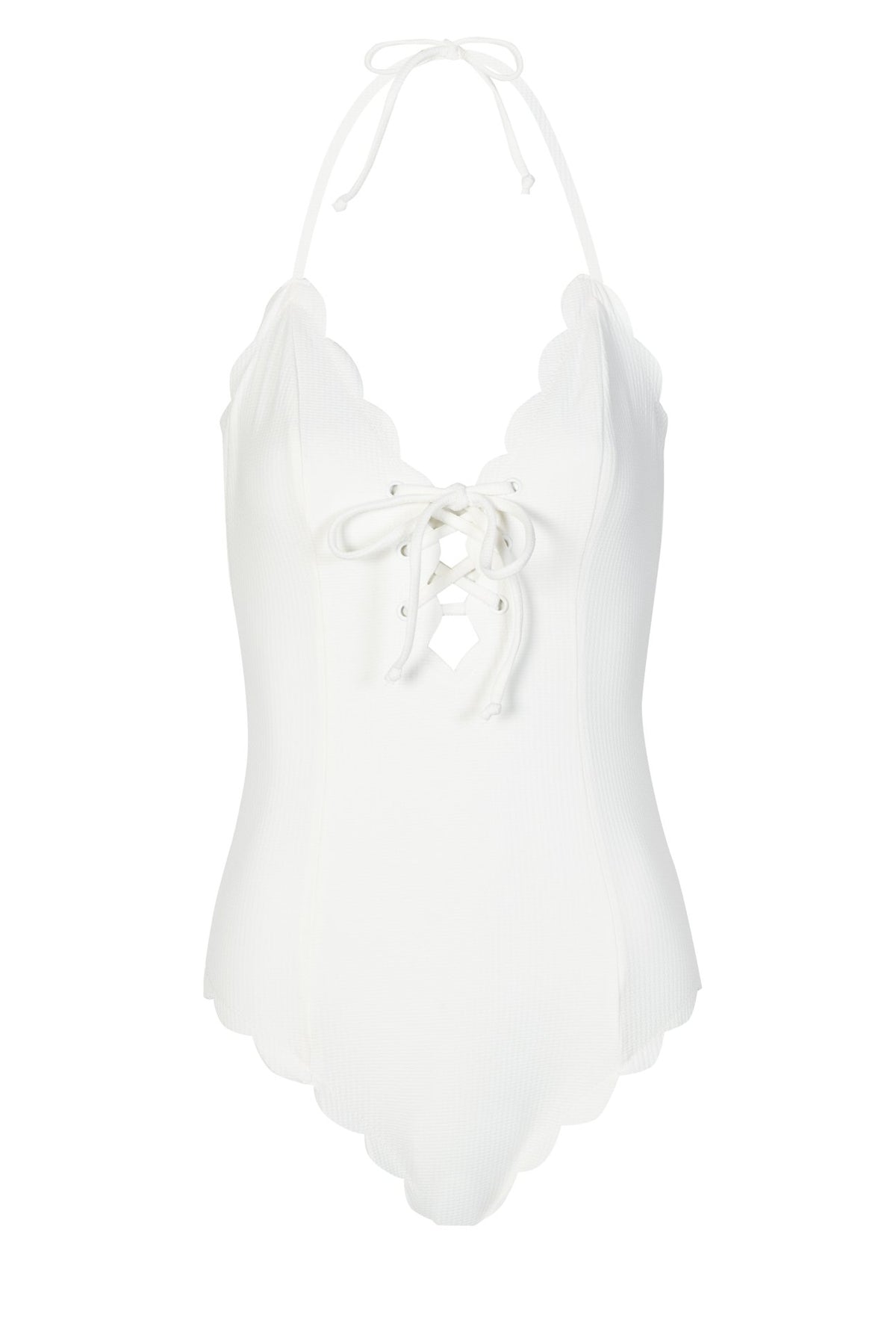 MARYSIA Broadway halter neck reversible scalloped lace-up maillot in white