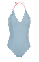 MARYSIA Broadway halter neck reversible scalloped Maillot in pink and blue