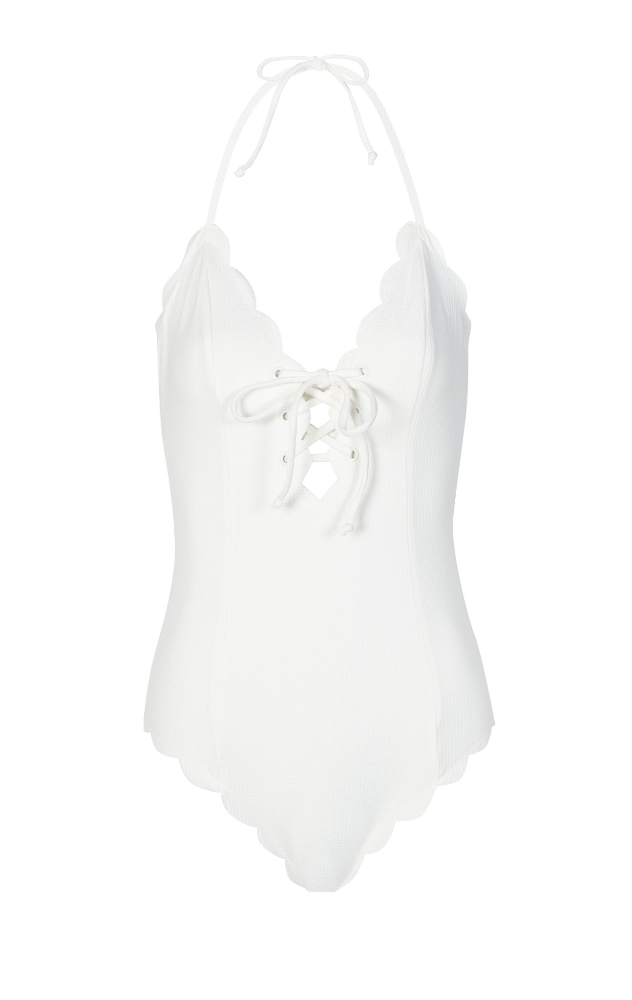 MARYSIA Broadway halter neck reversible scalloped lace-up maillot in white