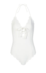 MARYSIA Broadway halter neck reversible scalloped lace-up maillot in white