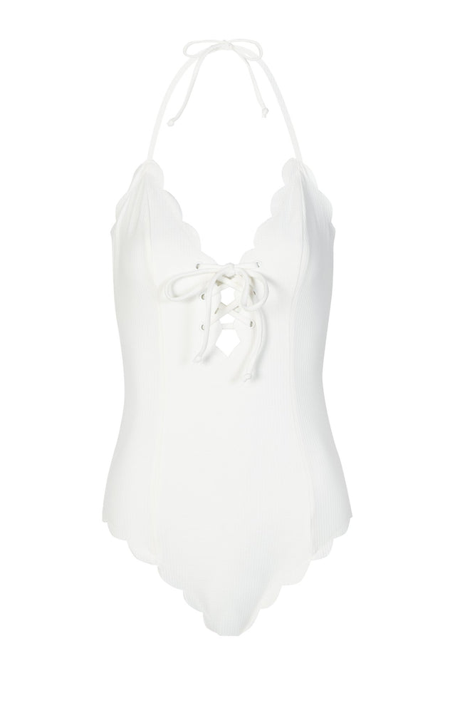 MARYSIA Broadway halter neck reversible scalloped lace-up maillot in white