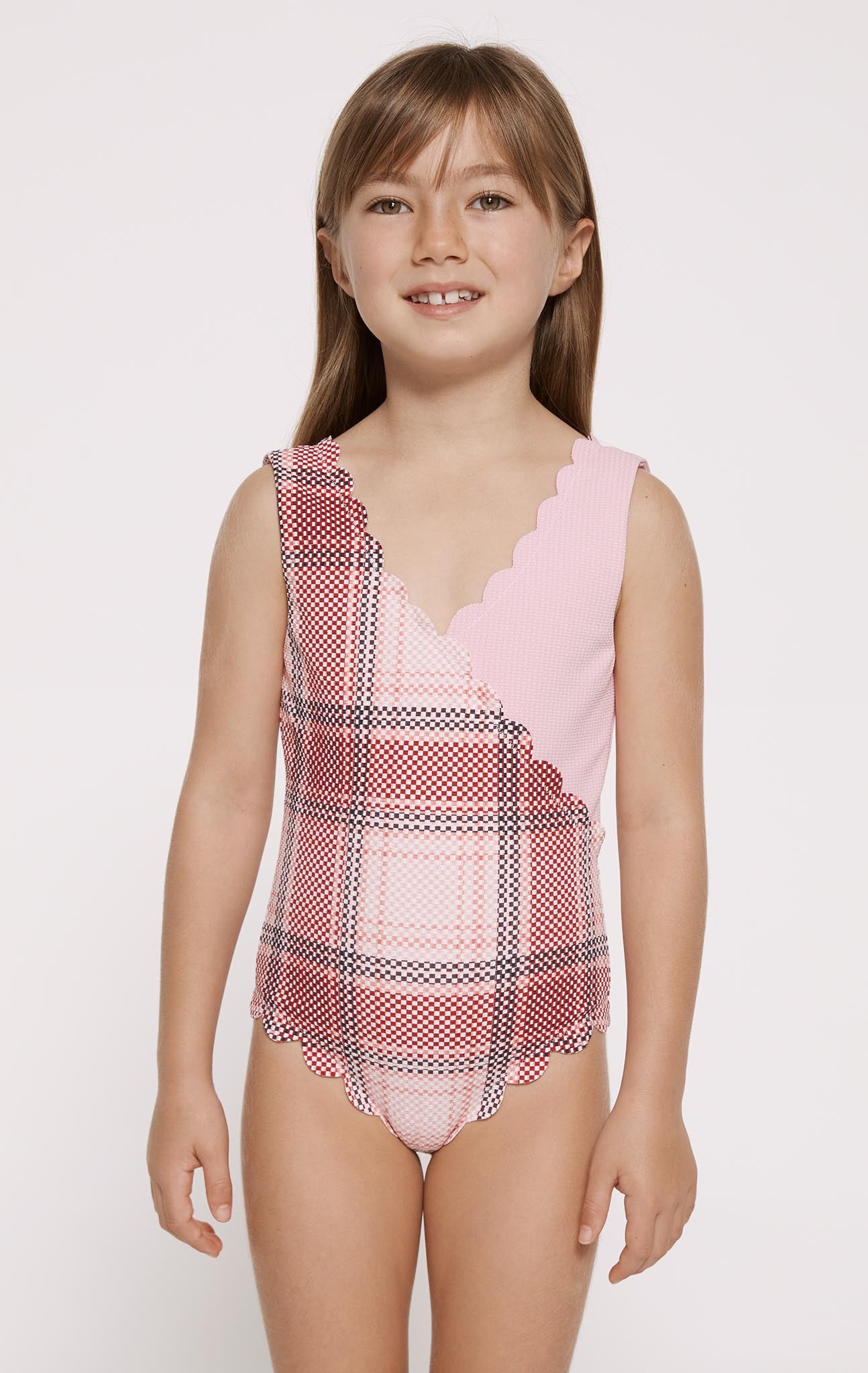 MARYSIA girl's Canyon Point scalloped Maillot in pink plaid and light pink