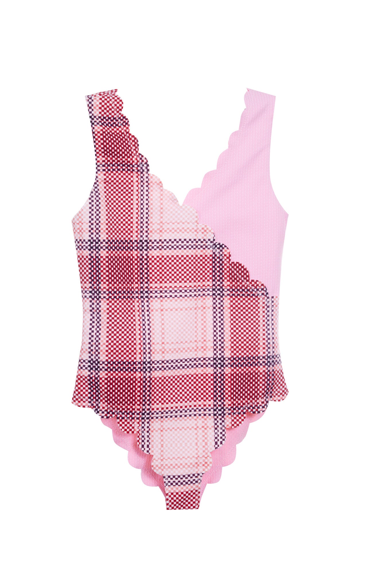 MARYSIA girl's Canyon Point scalloped Maillot in pink plaid and light pink