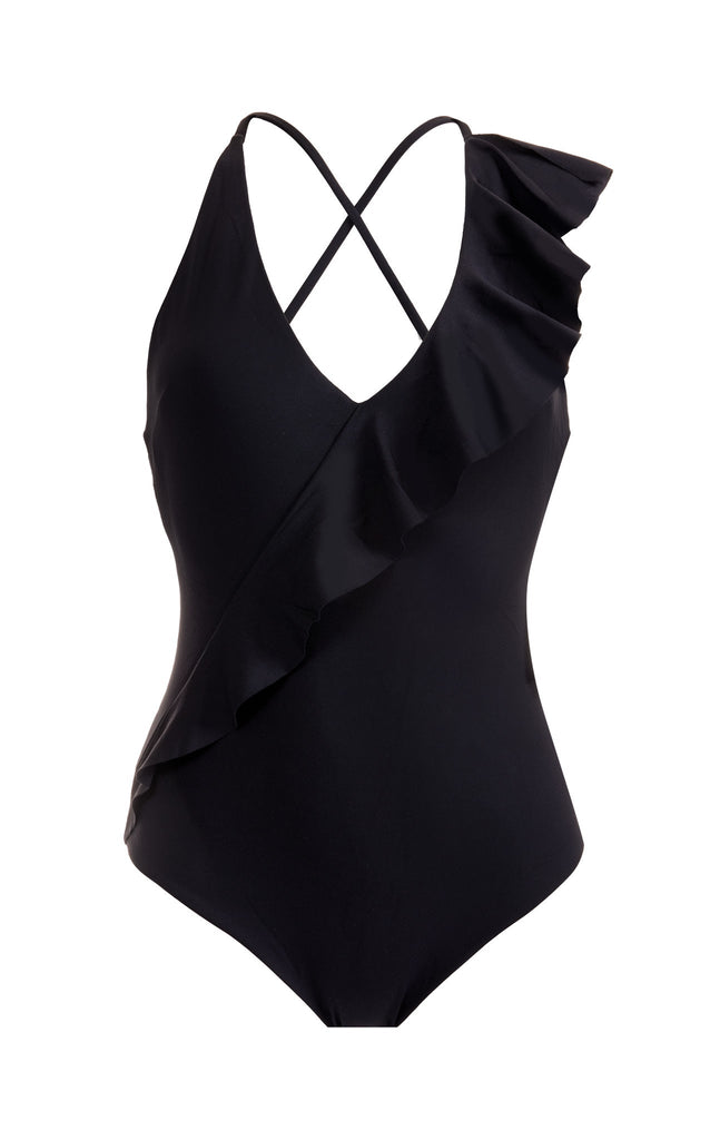 Marysia Womens Palisades Ruffle Maillot in Black | Stretch Asymmetrical ...