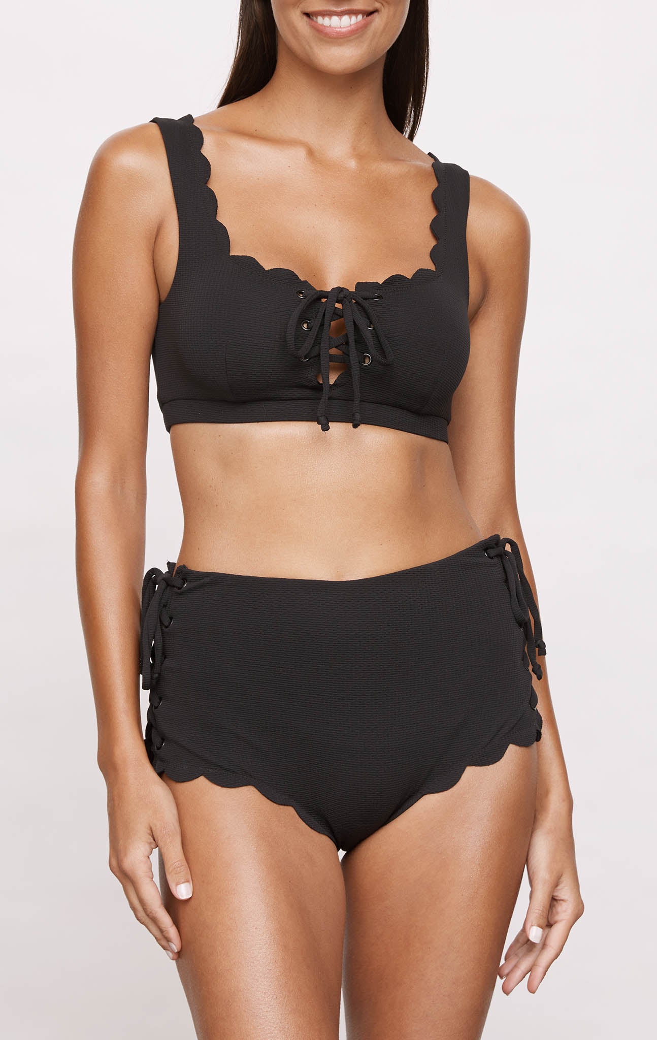 Marysia Women's Palm Springs Tie Bikini Top in Black, Stretch Front Tie  Added Support Scalloped Bikini Tops, Size XS