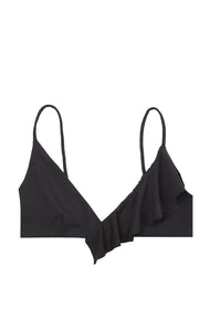 Black bikini top with an asymmetrical ruffle and two thin straps