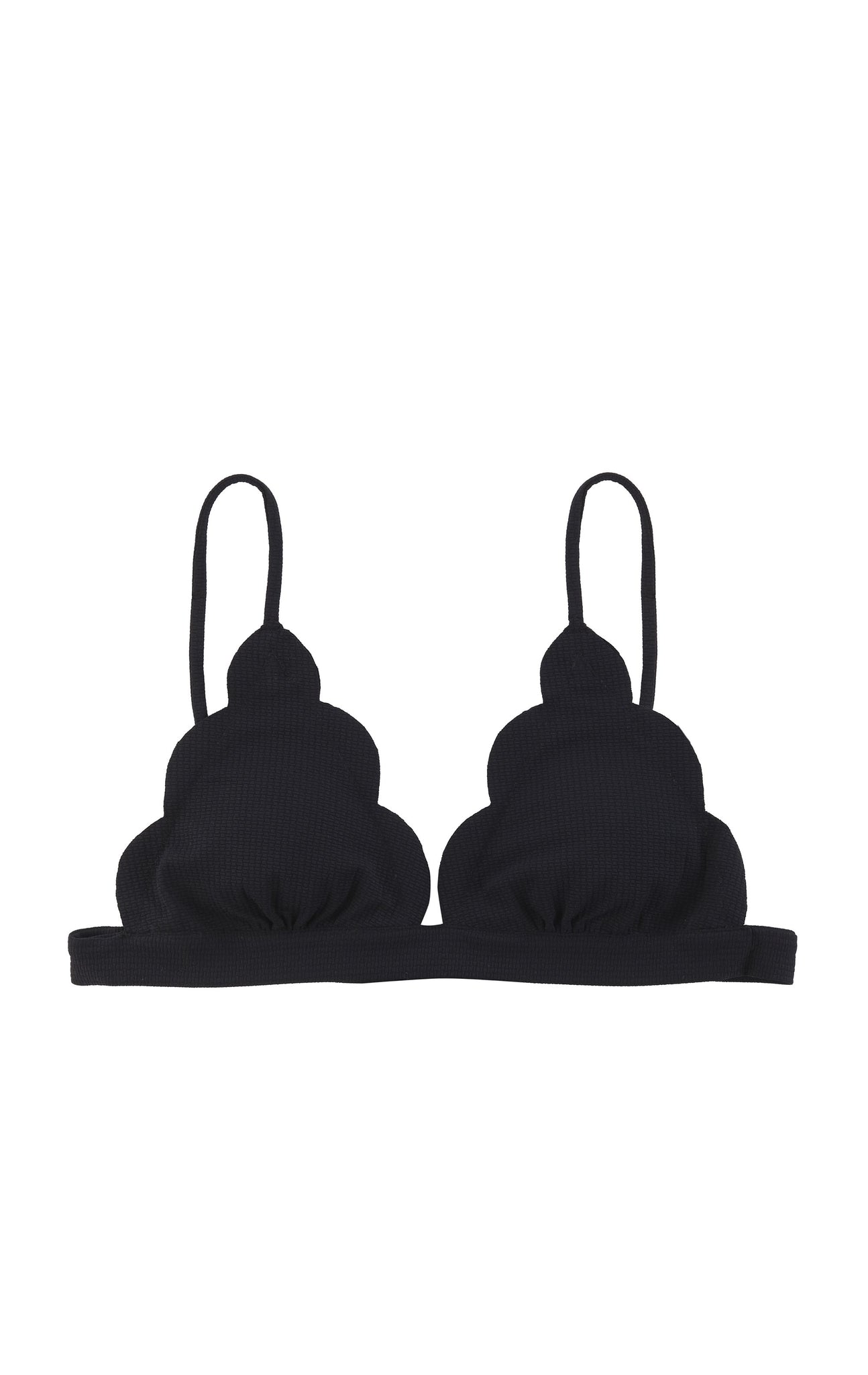 A designer triangle bikini top in black, with fixed straps and scalloped edges