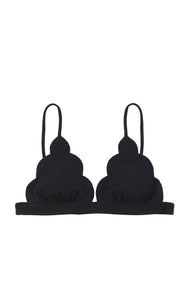 A designer triangle bikini top in black, with fixed straps and scalloped edges